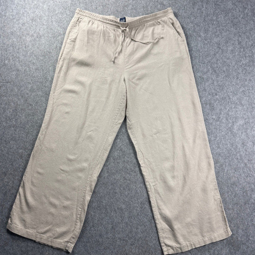 GAP Women Drawstring Pants XL Linen Blend Wide Leg Beige Relaxed Fit‎ Comfort